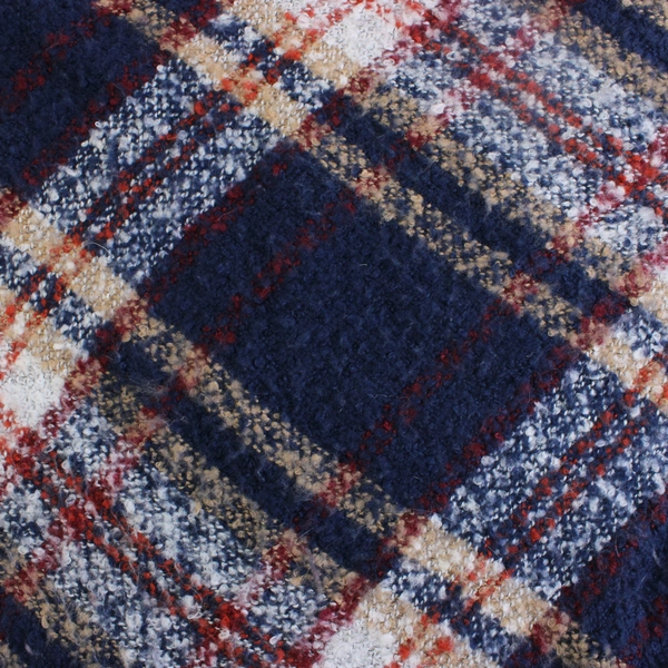 Blue and Orange Plaid Knit Triangular Shawl with Fringe 28" x 65"