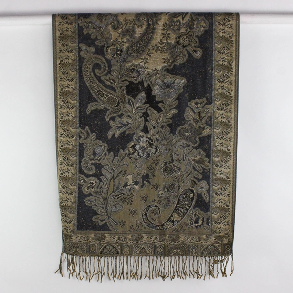 Silver and Gold Floral Paisley Design Scarf With Fringe 27" x 70"