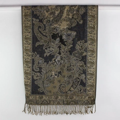 Silver and Gold Floral Paisley Design Scarf With Fringe 27" x 70"