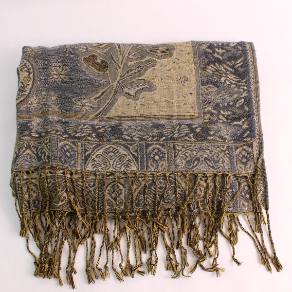 Silver and Gold Floral Paisley Design Scarf With Fringe 27" x 70"