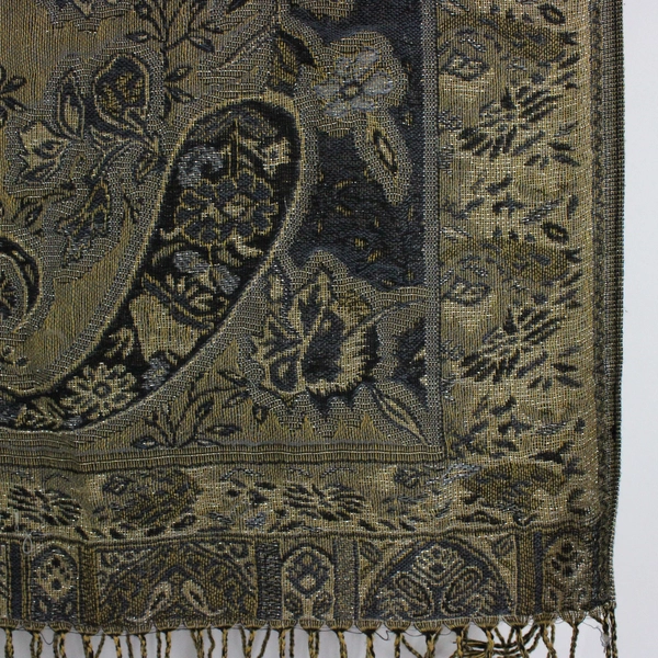 Silver and Gold Floral Paisley Design Scarf With Fringe 27" x 70"