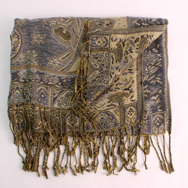 Silver and Gold Floral Paisley Design Scarf With Fringe 27" x 70"