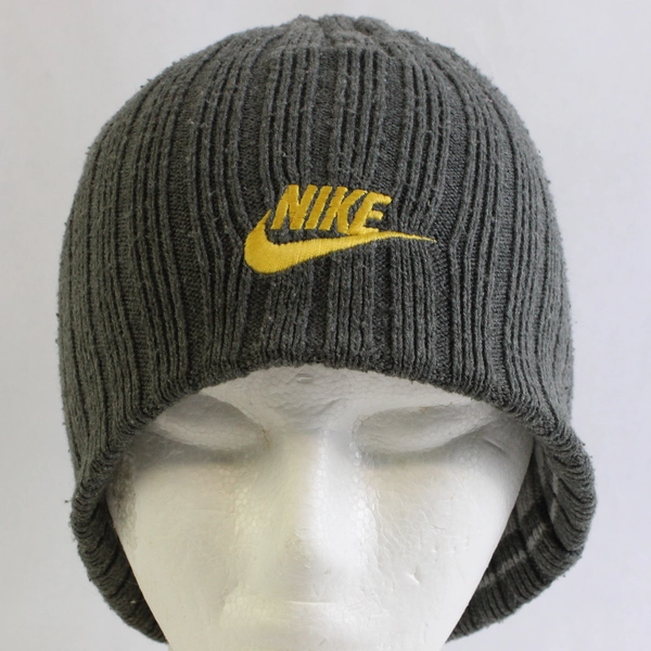 Nike Embroidered Yellow Logo Gray Knit Beanie Hat Adult One Size