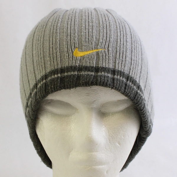 Nike Embroidered Yellow Logo Gray Knit Beanie Hat Adult One Size