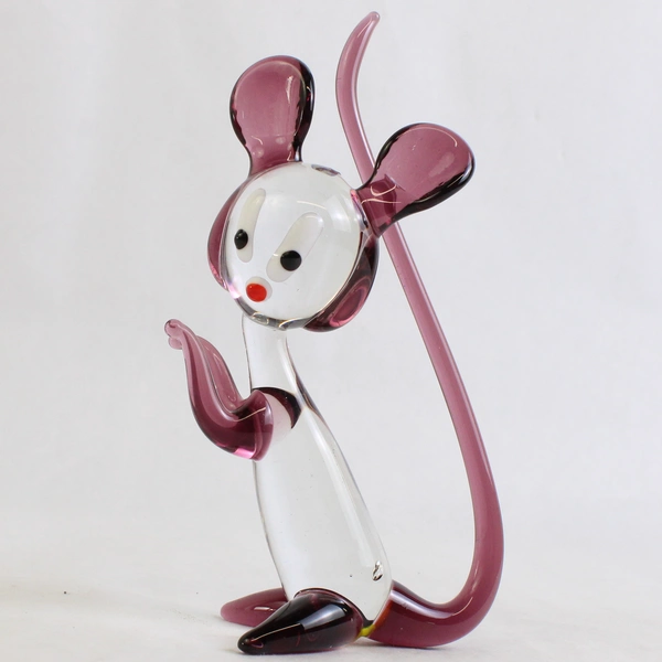 Hand Blown Purple/Clear Glass Mouse Right Facing Art Decor 5.5" Tall