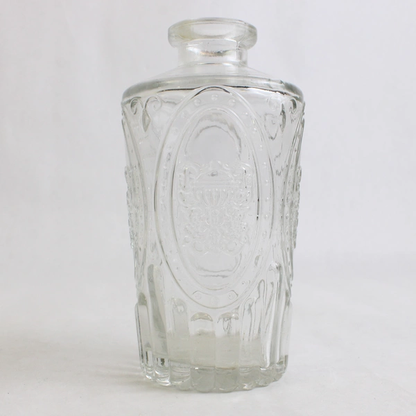 Set Of 2 Matching Unbranded Embossed Decorative Clear Glass Bottle/Vases 5" Tall