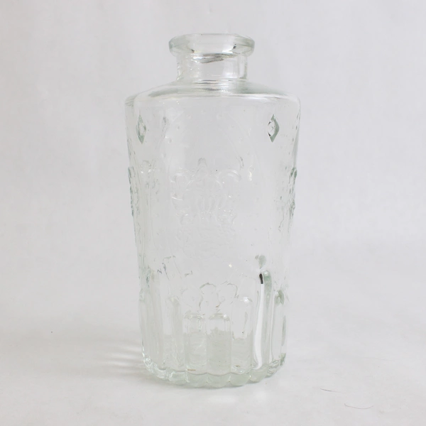 Set Of 2 Matching Unbranded Embossed Decorative Clear Glass Bottle/Vases 5" Tall