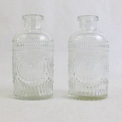 Set Of 2 Unmarked Decorative Embossed Clear Glass 5.25" Tall Bottle/Vases