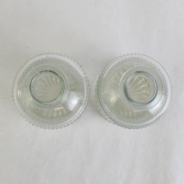 Set Of 2 Unmarked Decorative Embossed Clear Glass 5.25" Tall Bottle/Vases