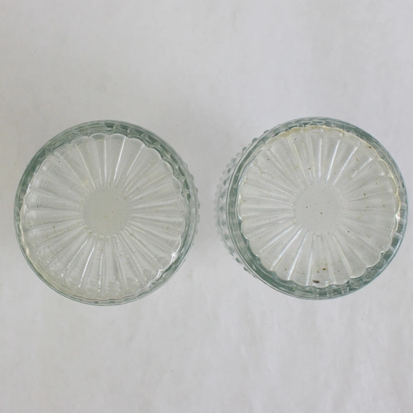 Set Of 2 Unmarked Decorative Embossed Clear Glass 5.25" Tall Bottle/Vases