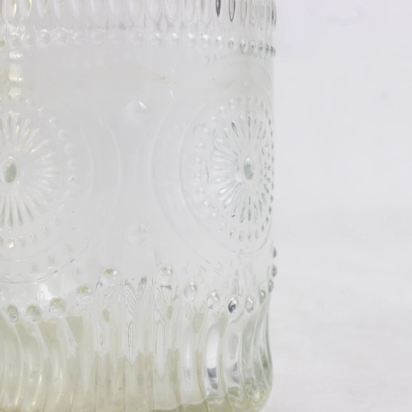 Set Of 2 Unmarked Decorative Embossed Clear Glass 5.25" Tall Bottle/Vases