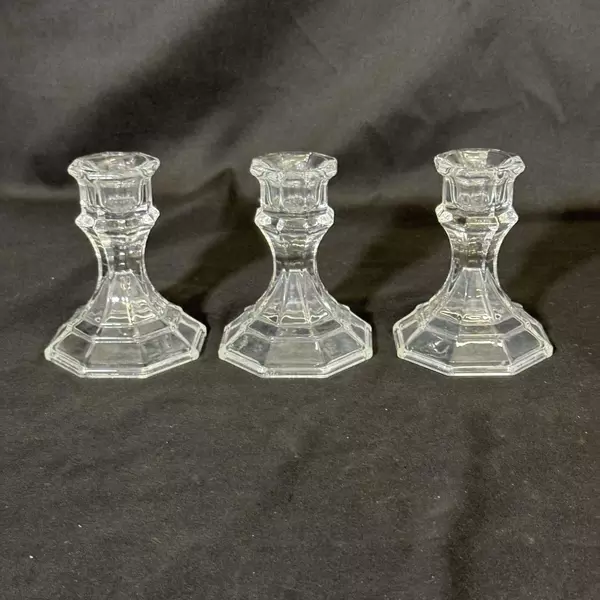 Lot of 3 Vintage Octagon Shaped Clear Glass Taper Candle Holders