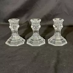 Lot of 3 Vintage Octagon Shaped Clear Glass Taper Candle Holders