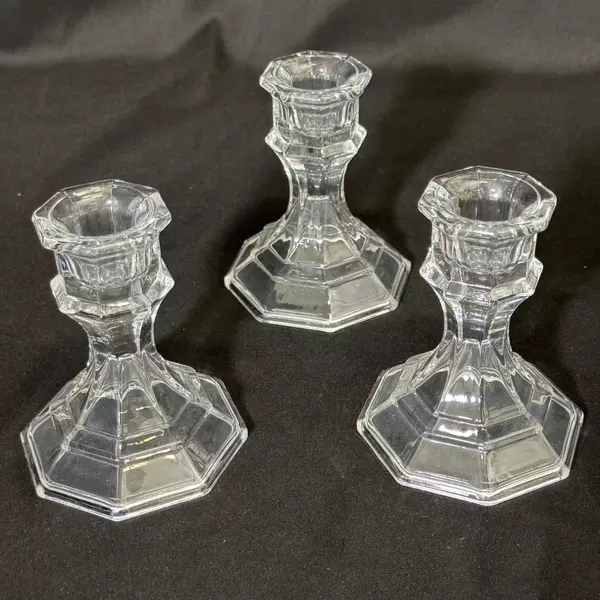 Lot of 3 Vintage Octagon Shaped Clear Glass Taper Candle Holders