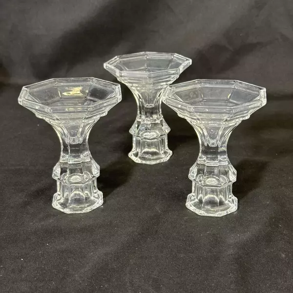 Lot of 3 Vintage Octagon Shaped Clear Glass Taper Candle Holders