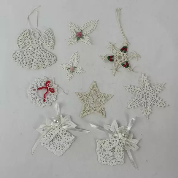 Set of 9 Hand Crochet Christmas Ornaments Angels Stars Crosses Wreath