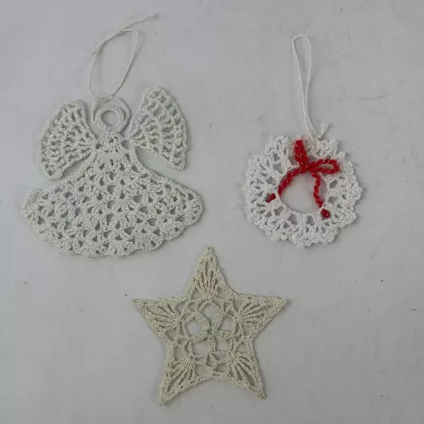 Set of 9 Hand Crochet Christmas Ornaments Angels Stars Crosses Wreath