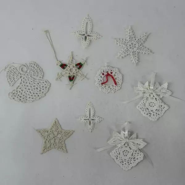 Set of 9 Hand Crochet Christmas Ornaments Angels Stars Crosses Wreath