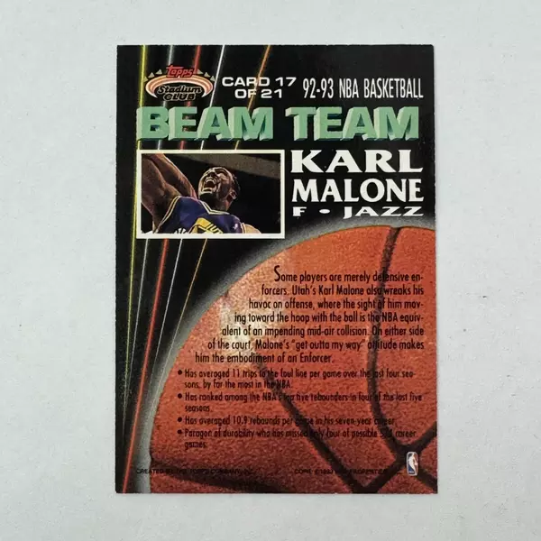 1992-1993 Topps Stadium Club Beam Team NBA Karl Malone Utah Jazz 17 of 21
