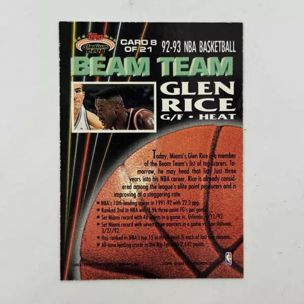 1992-1993 Topps Stadium Club NBA Members Glen Rice Miami Heat Beam Team 8 of 21