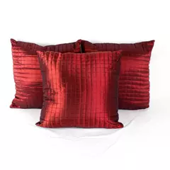 Lot of 3 Metallic Red Decorative Throw Pillows with Grid Stitching Pattern