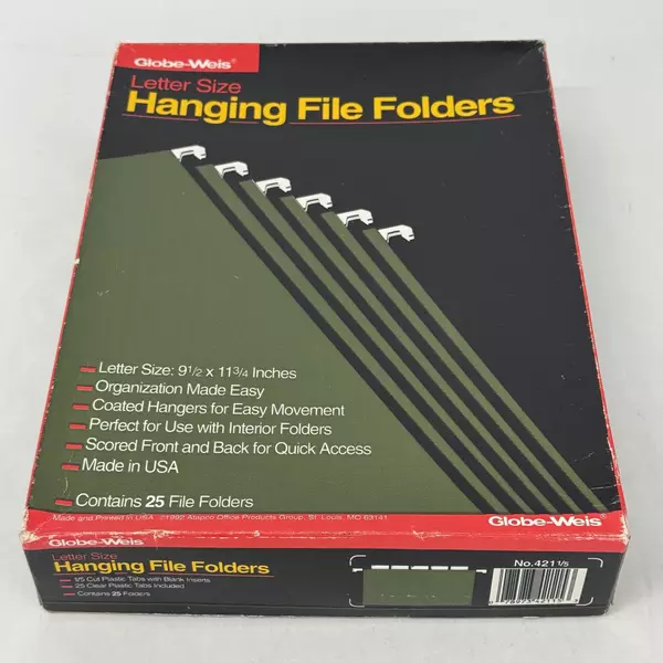 Globe Weis Box of 25 Hanging File Folders Green Letter 9 1/2" x 11 3/4" w/ Tabs