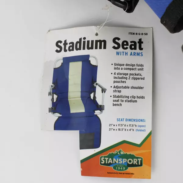 Stansport Tubular Frame Folding Stadium Seat with Arms Blue Tan Lightweight