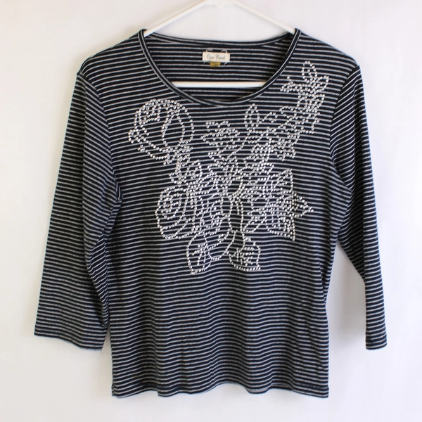 Onque Casuals Dark Navy and White Striped Shirt Women's Small