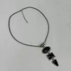 Silver Tone Geometric Shaped Black Glass Costume Jewelry Necklace 25 Inch