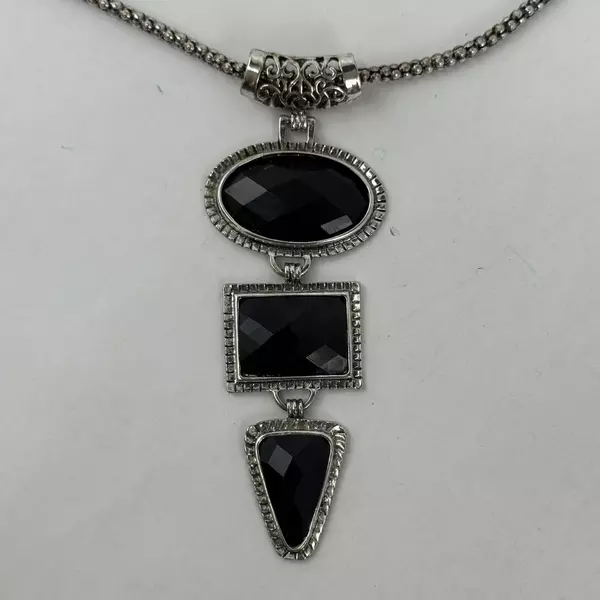 Silver Tone Geometric Shaped Black Glass Costume Jewelry Necklace 25 Inch