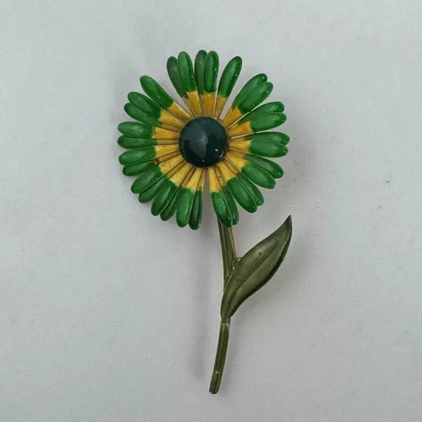 Vintage Green And Yellow Enamel Aster Flower Brooch