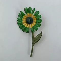 Vintage Green And Yellow Enamel Aster Flower Brooch