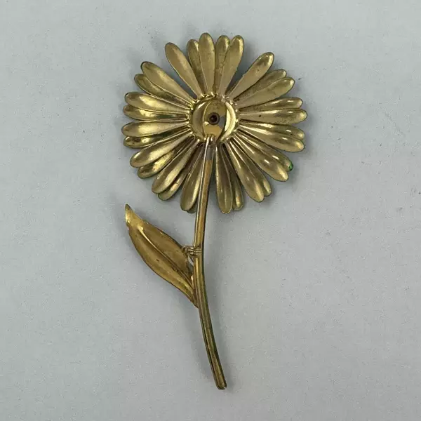 Vintage Green And Yellow Enamel Aster Flower Brooch