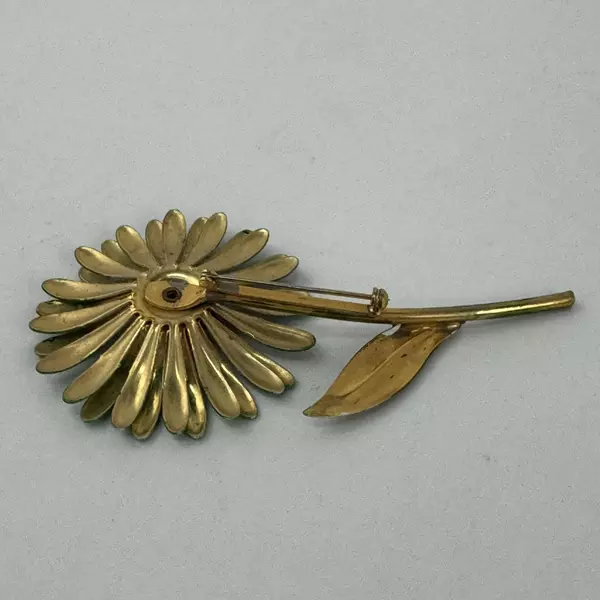 Vintage Green And Yellow Enamel Aster Flower Brooch
