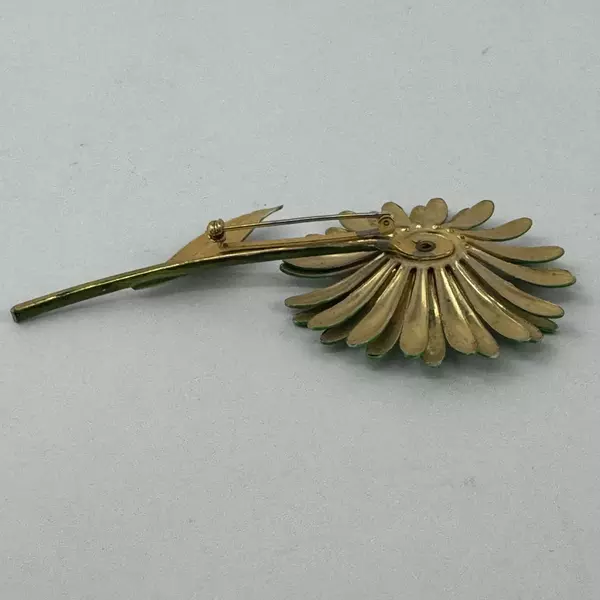 Vintage Green And Yellow Enamel Aster Flower Brooch