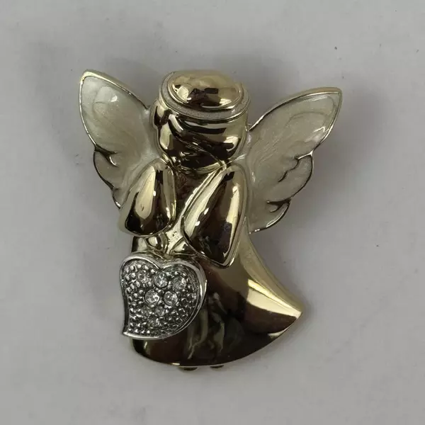 Gold Tone Enamel And Rhinestone Angel Holding A Heart Brooch