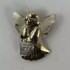 Gold Tone Enamel And Rhinestone Angel Holding A Heart Brooch