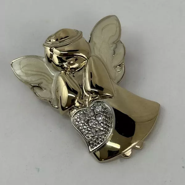 Gold Tone Enamel And Rhinestone Angel Holding A Heart Brooch