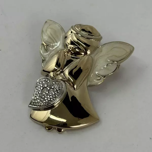 Gold Tone Enamel And Rhinestone Angel Holding A Heart Brooch