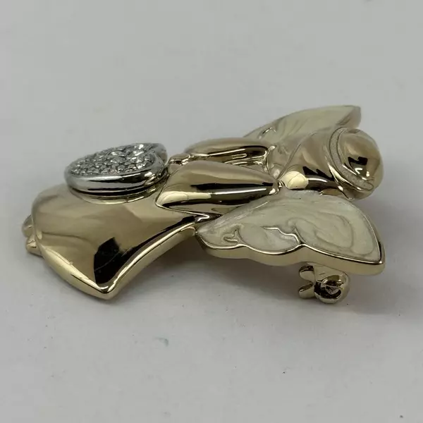 Gold Tone Enamel And Rhinestone Angel Holding A Heart Brooch