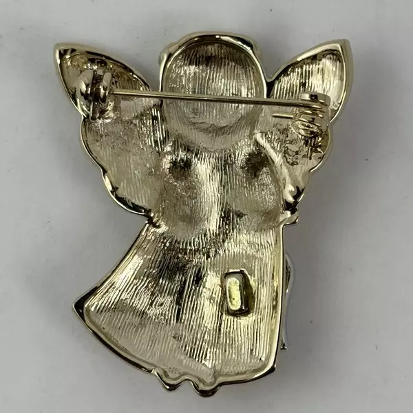 Gold Tone Enamel And Rhinestone Angel Holding A Heart Brooch