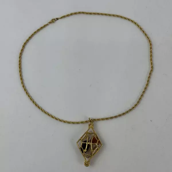 Gold Tone Diamond Shaped Cage Pendant Necklace With Healing Stones