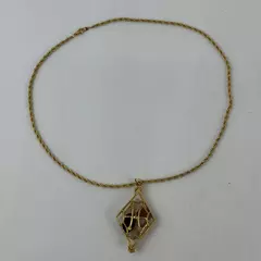 Gold Tone Diamond Shaped Cage Pendant Necklace With Healing Stones