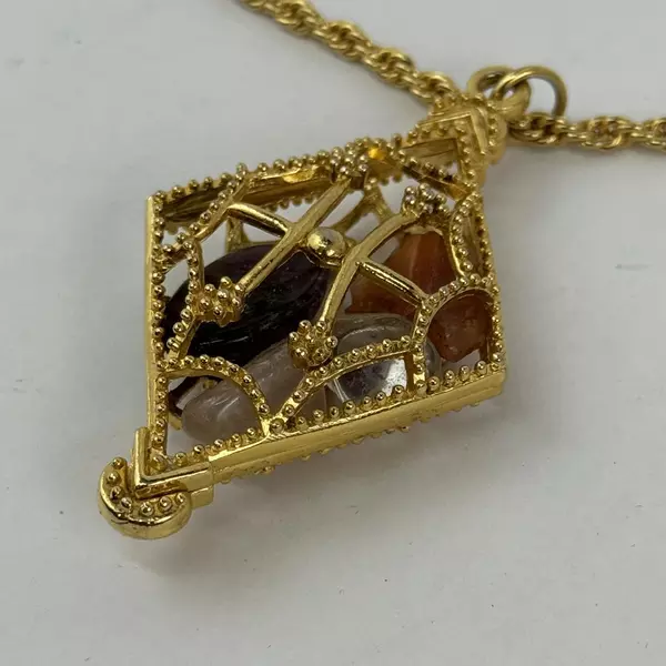 Gold Tone Diamond Shaped Cage Pendant Necklace With Healing Stones