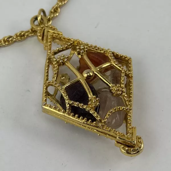 Gold Tone Diamond Shaped Cage Pendant Necklace With Healing Stones