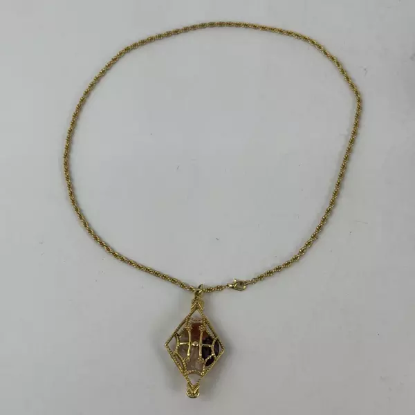 Gold Tone Diamond Shaped Cage Pendant Necklace With Healing Stones