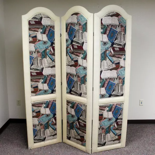 Vintage Upholstered Bedroom Divider Screen with Book Print 84" Tall Room Divider