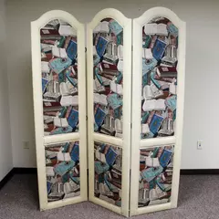 Vintage Upholstered Bedroom Divider Screen with Book Print 84" Tall Room Divider