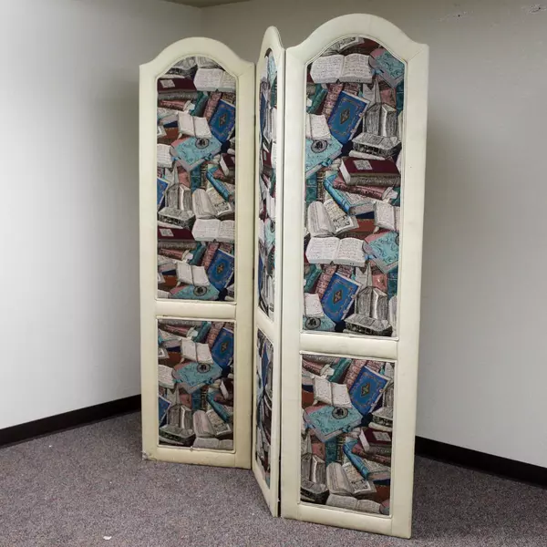 Vintage Upholstered Bedroom Divider Screen with Book Print 84" Tall Room Divider