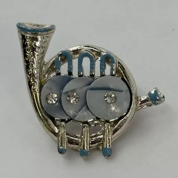 Silver Tone Mother of Pearl And Rhinestone French Horn Brooch